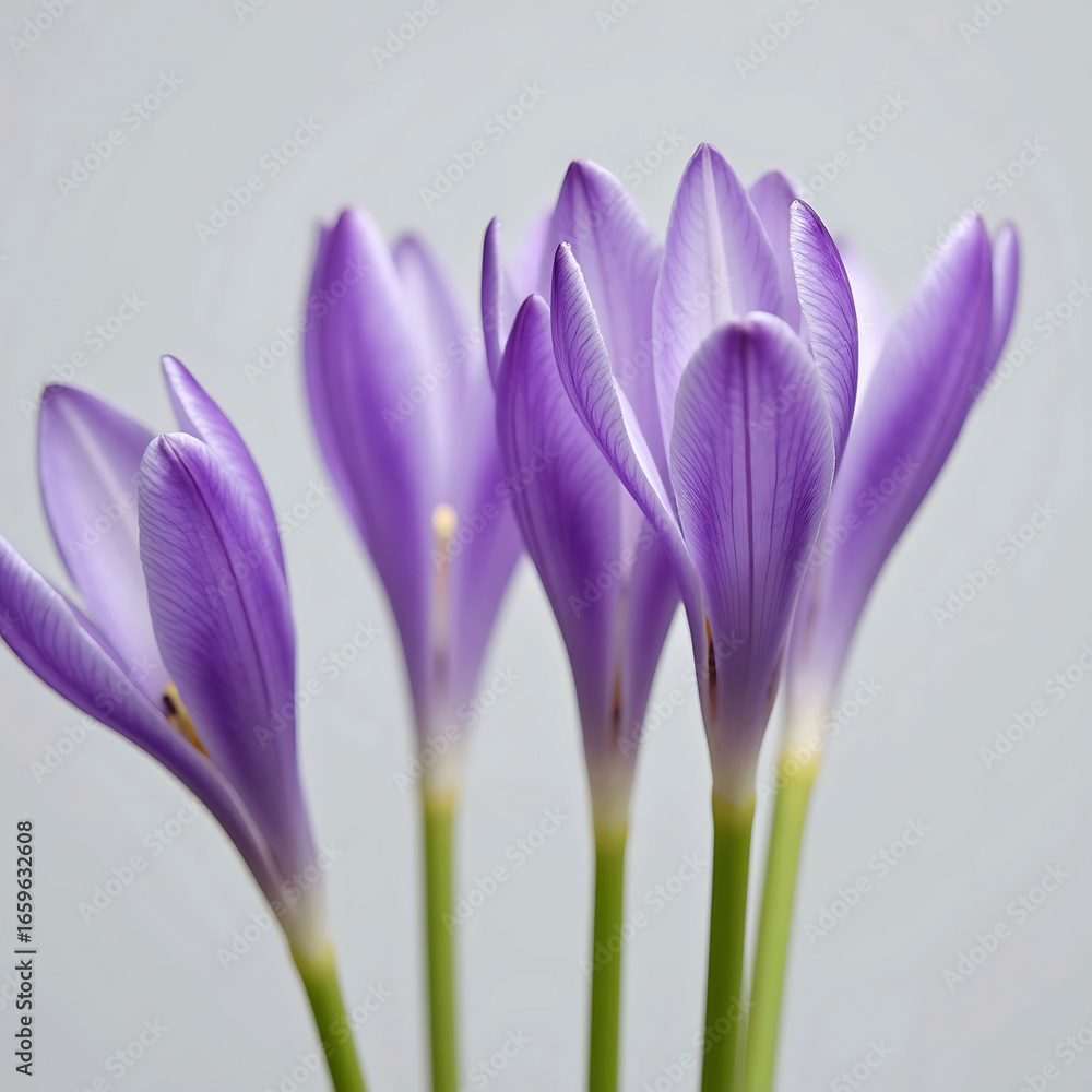 Fototapeta premium Four Radiant Purple Flowers with Gradient Petals Blooming Brightly Against a Soft Gray Background 