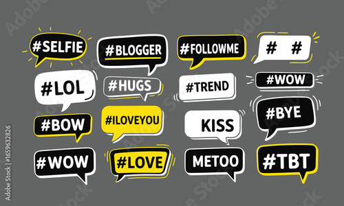 Captivating trending hashtags, including followme and selfie, adorn various creative speech bubbles