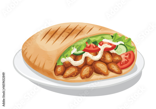 A pita bread sandwich filled with vegetables, sauce and meat on a plate.