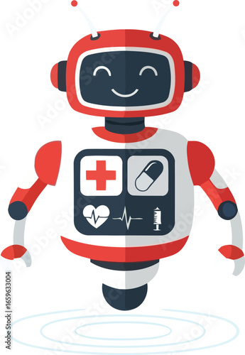 Friendly medical robot providing healthcare assistance, featuring medicine, first aid and heart monitoring