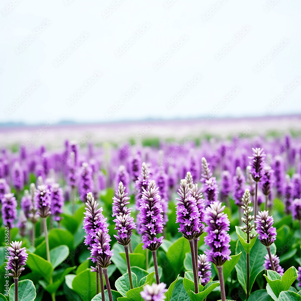 Obraz premium Vibrant Field of Purple Flowers with White Blooms Under Soft Blue Sky and Lush Greenery 