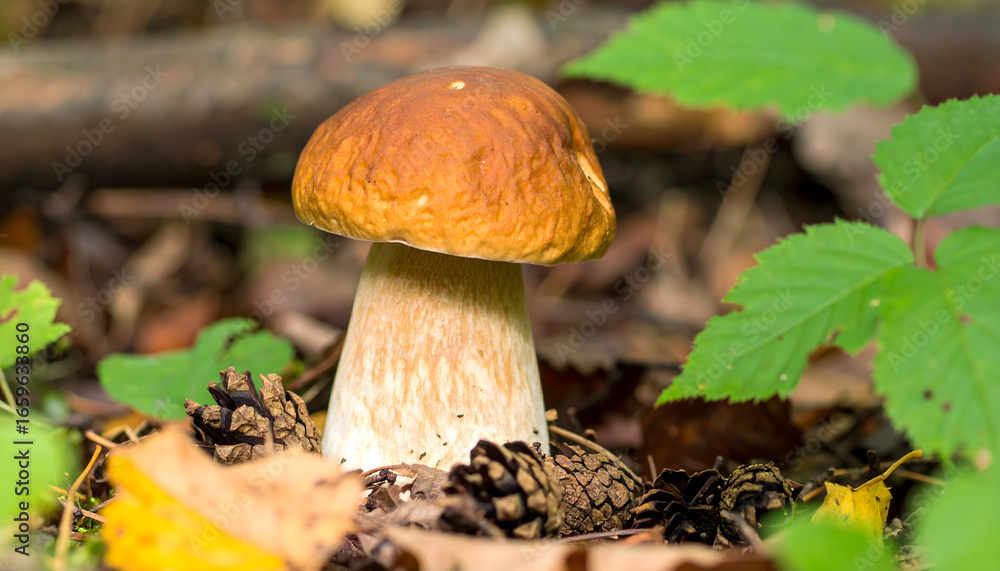Fototapeta premium Porcini mushroom in forest setting a natural foraged food ingredient