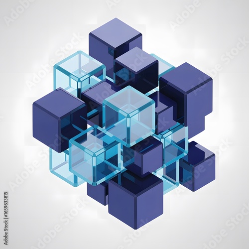 Geometric Composition of Solid and Transparent Cubes A Modern Abstract Design Showcasing Interlocking Shapes and Varied Textures