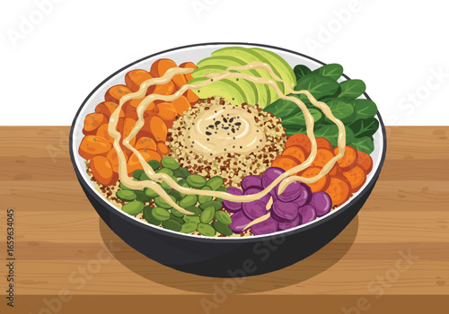 Illustration of a colorful buddha bowl with quinoa, avocado, carrots, and other vegetables.