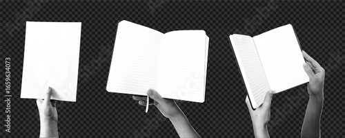  Monochrome vector collage with hands holding blank notebooks and sketchbooks. Halftone dot effect, retro style with transparent background. For posters, zines, social media,  DIY art projects. 
