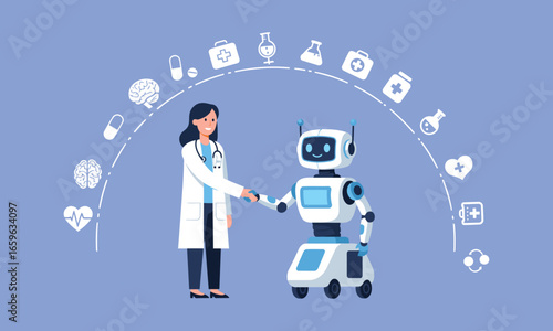 Healthcare professional shaking hands with a friendly robot in a medical research and development setting