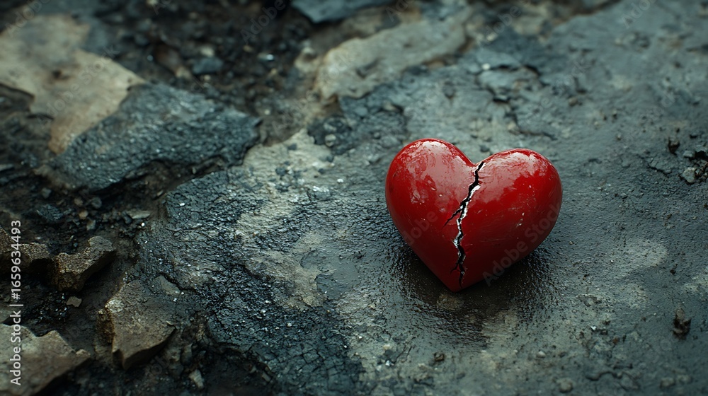 Fototapeta premium Broken Red Heart on Rough Ground Symbolizing Pain and Heartbreak