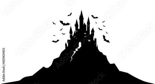 Spooky gothic castle silhouette on a dark hill with a swarm of flying bats, creating a mysterious and eerie Halloween night concept.