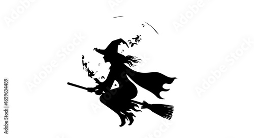 Silhouette of a Witch Flying on a Broomstick Against a Moon for Halloween