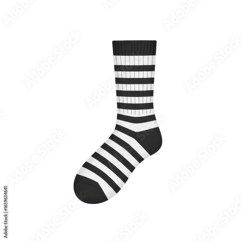 Black and white striped sock with ribbed top, isolated on white isolated on white background