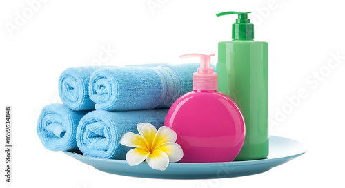 3d self care rituals icons spa and beauty products with rolled towels and flower isolated on transparent background