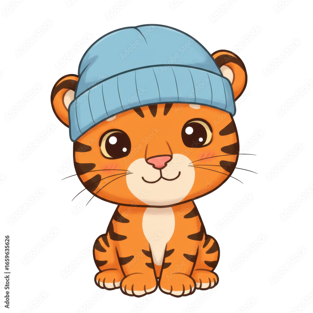 Naklejka premium Adorable cartoon tiger cub wearing a blue beanie, smiling cheerfully, isolated on white background