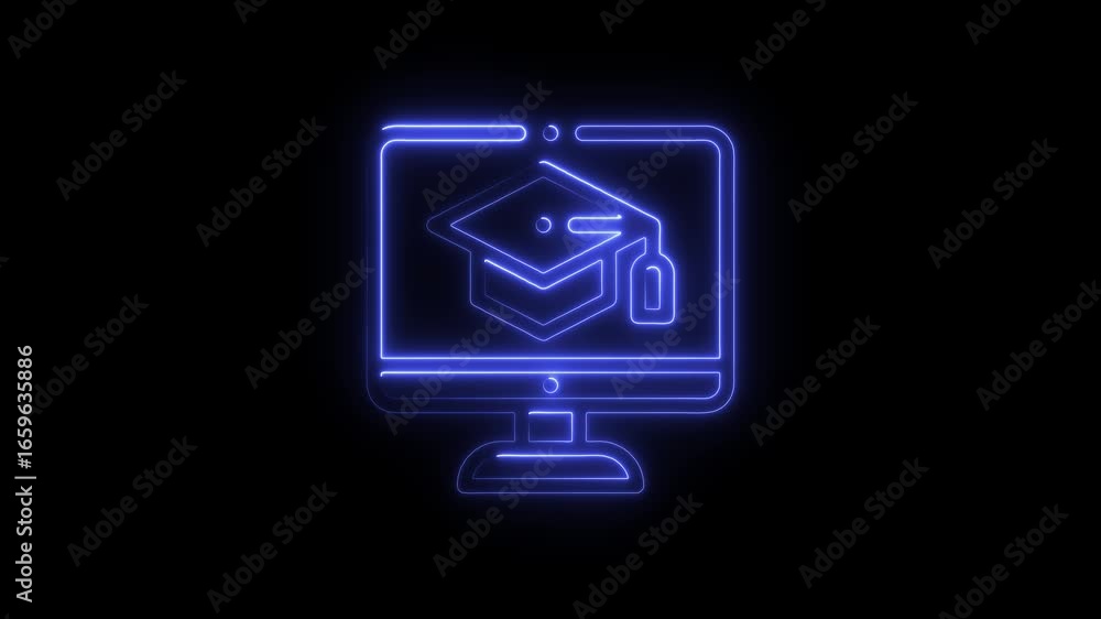 Neon blue glowing computer monitor displaying graduation cap and diploma icon on black background screen Neon blue glowing computer monitor displaying graduation cap and diploma icon on black background screen