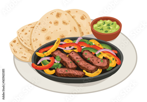 A delicious plate of sizzling beef fajitas with colorful bell peppers, onions, warm tortillas, and a side of guacamole.