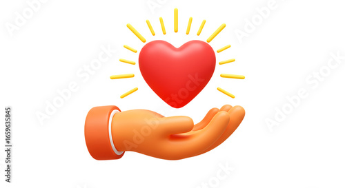 3d self care rituals icons 3d orange hand holding a red heart with light rays isolated on transparent background