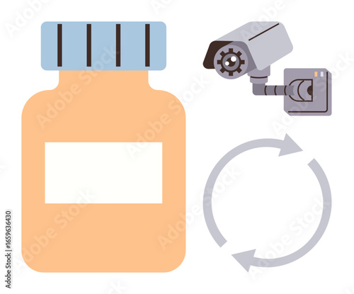 Medicine bottle with blank label, security camera, and circular arrows illustrating monitoring, control, and iterative processes. Ideal for healthcare, pharmacy, security, surveillance quality