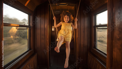 A young girl with curly brown hair and bright smile, wearing a yellow sundress, swings playfully from a wooden cabin doorway inside a vintage train, her bare feet dangling in the air, with a warm gold