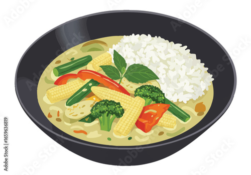 A vibrant and appetizing illustration of Thai green curry, packed with vegetables and served with a side of fluffy rice in a black bowl.