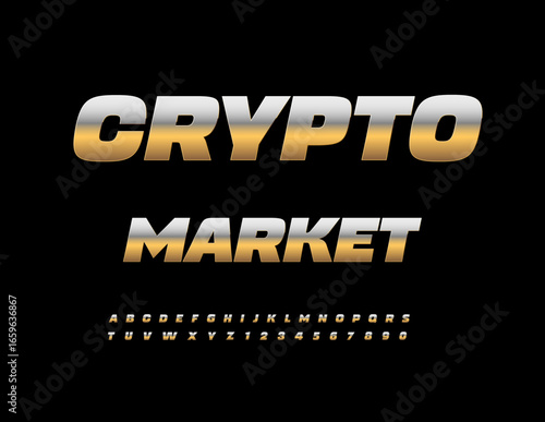 Vector Financial concept Crypto Market. Premium Dynamic Gold Font. Modern Alphabet Letters and Numbers set.