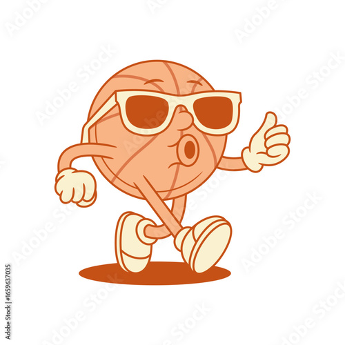Cool basketball ball cartoon character in sunglasses contoured vector flat illustration. Funny comic sport team game tournament mascot in summer eyeglasses walking whistling with positive emotion