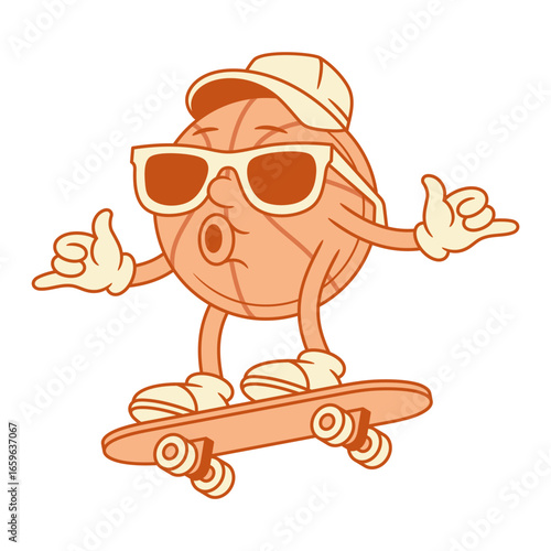 Cool basketball ball cartoon character on skateboard contoured vector flat illustration. Funky cheerful hipster sport game tournament mascot cap sunglasses riding board parkour trick extreme jumping