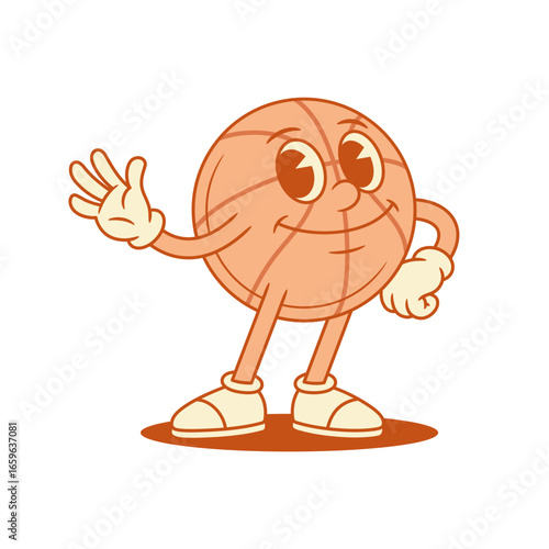 Happy basketball ball cartoon character hi hello contoured vector flat illustration. Smiling cheerful sport team game club tournament mascot friendly waving hand greeting welcome with positive emotion