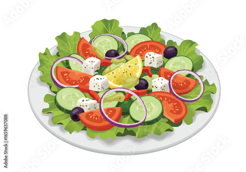 A fresh Greek salad on a white plate, featuring lettuce, tomatoes, cucumbers, red onions, olives, and feta cheese with a lemon wedge.