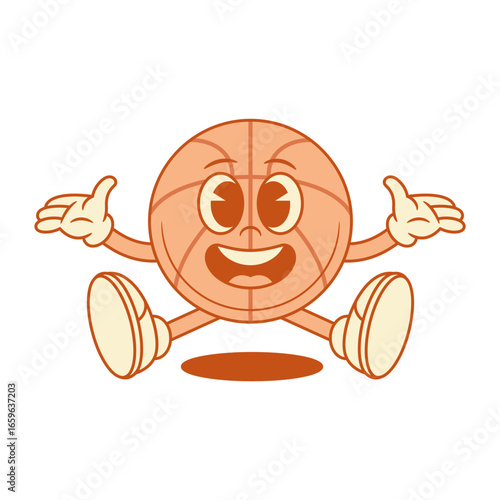 Funny jumping basketball ball cartoon character welcome contoured vector flat illustration. Happy rejoicing team club sport game tournament mascot hi hello friendly greeting joy having fun overjoyed