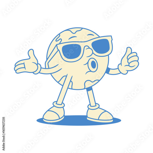 Funny comic globe Earth cartoon character in sunglasses contoured vector flat illustration. Cheerful minimalist global planet ecology environment nature education mascot whistling in summer eyeglasses