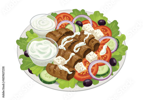 A plate of Greek gyro salad with pita bread, vegetables, and a creamy dressing.