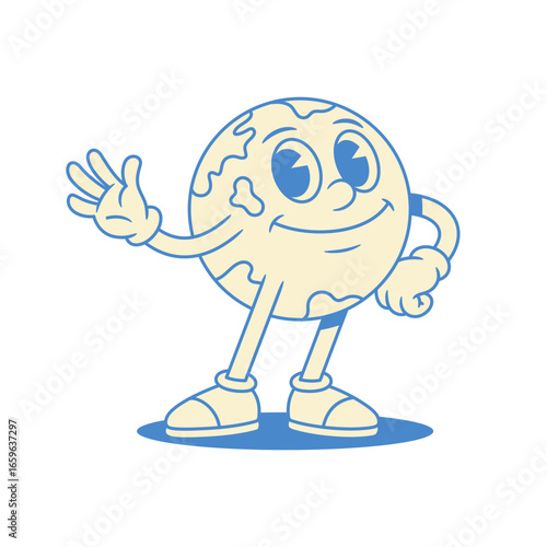 Funny friendly globe Earth plant cartoon character hi hello contoured vector flat illustration. Cute smile minimalist global ecology environment nature geography map education mascot greeting welcome