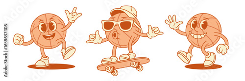 Comic basketball ball cartoon character having fun set contoured vector flat illustration. Cheerful smiling team sport game tournament mascot in sunglasses hipster skateboard rock greeting hi hello