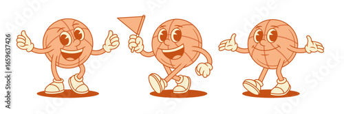 Comic basketball ball cartoon character mascot set contoured vector flat illustration. Happy adorable team club game sport match tournament personage with flag welcome greeting hi hello gesture