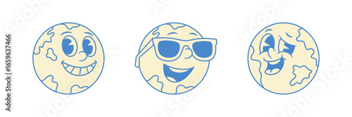 Happy face globe Earth planet cartoon character emoji set contoured vector flat illustration. Cute cheerful minimalist emoticon global travel ecology environment education mascot smiling in sunglasses