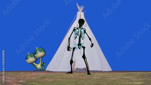 Tipi Home and skeleton playing and enjoying guitar move .