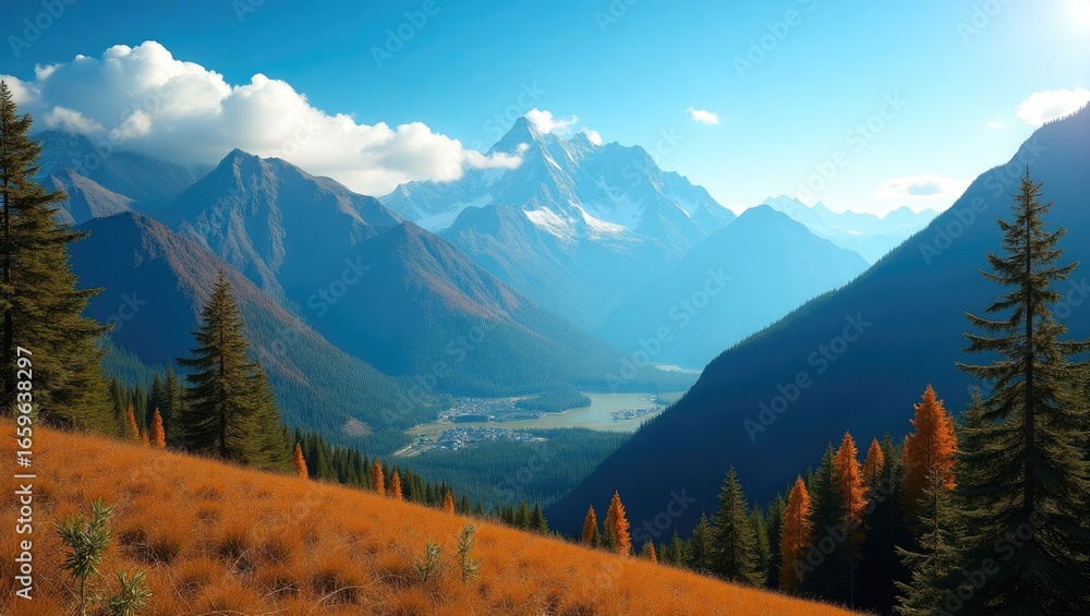 Fototapeta premium A breathtaking vista of a mountain valley, with a vibrant autumnal hue displayed on the foreground meadow, and majestic peaks piercing the clear sky.