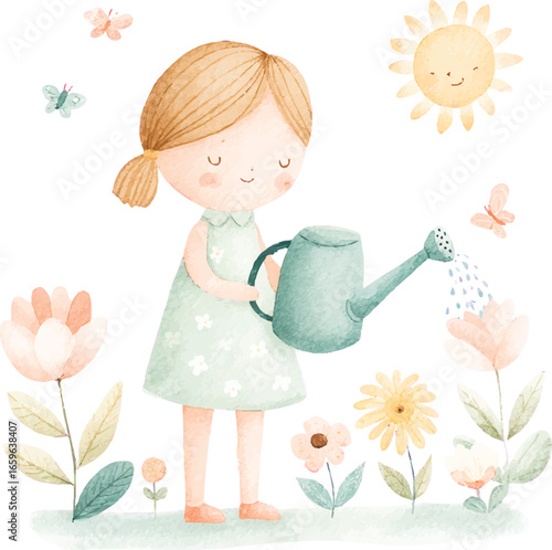 Cute Girl Watering Flowers Watercolor Spring Illustration.