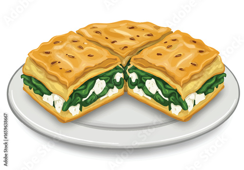 An illustration of four square pieces of Greek spanakopita, a spinach and feta cheese pie, served on a white plate.