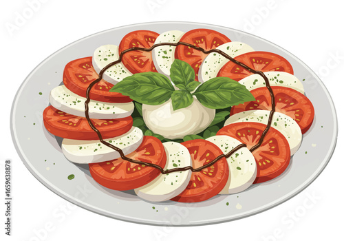 A beautifully arranged Caprese salad with fresh tomatoes, mozzarella, basil, and a balsamic glaze drizzle on a white plate.