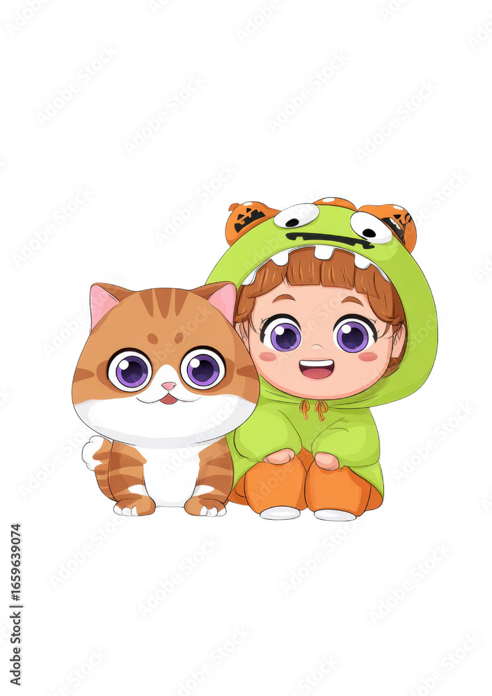 Fototapeta premium Cute Kitten in Halloween Costume Holding Pumpkin Transparent PNG