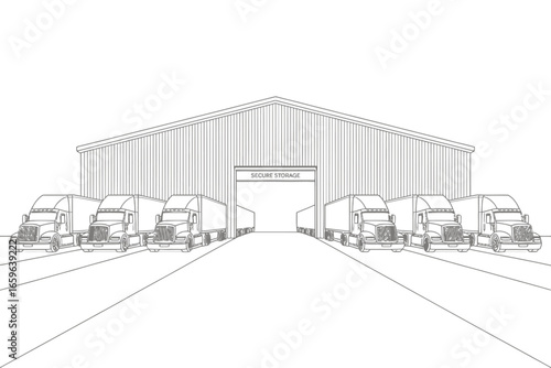Semi trucks lined up at secure storage warehouse ideal for logistics and supply chain artwork