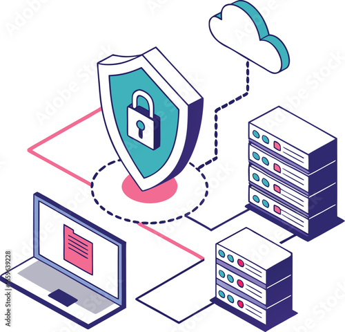 Vector art of isometric illustration of secure cloud network and data protection