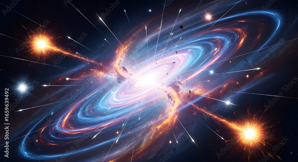 Naklejka premium Witness the breathtaking cosmic ballet of a swirling galaxy, vibrant nebulae, and streaking meteors in this stunning space vista.