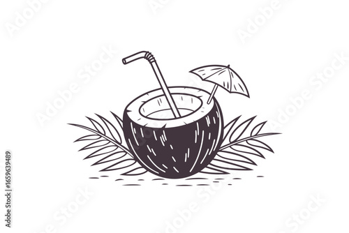 Coconut drink icon outline of coconut with straw umbrella