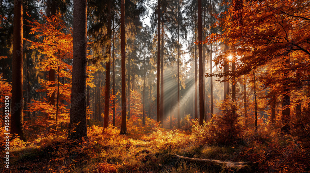 Obraz premium Golden autumn forest with sun rays piercing through orange and red leaves, cinematic lighting