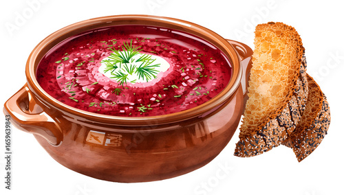 Borscht with Sour Cream and Garlic Bread