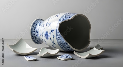 Elegant porcelain vase shattered into pieces, symbolizing loss, failure, or a broken past.