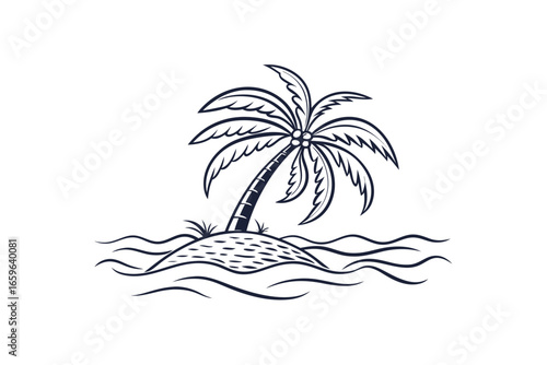 Island vacation icon palm tree outline on tiny island getaway  