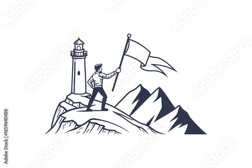 navigation flag icon planted on minimal mountain peak illustration
