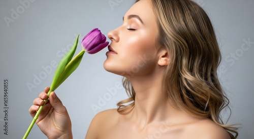 Wallpaper Mural Blond woman with closed eyes smelling a purple tulip flower in her hand Torontodigital.ca